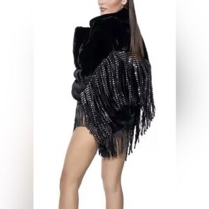 Luxurious Azalea Wang Black Faux Fur Cropped Jacket with fringe/tassle M/L